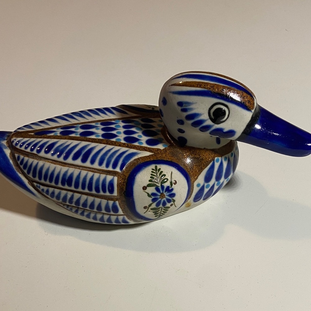 Vintage hand-painted Tonalá Mexican folk art pottery duck figurine.